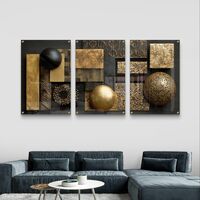 תמונת זכוכית שלשה בעיצוב גאומטרי בגווני שחור וזהב – קולקציית תכשיט לבית