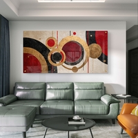 תמונת זכוכית לרוחב בעיצוב גאומטרי עם מעגלים בגווני זהב, אדום ושחור – תכשיט לבית