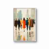 תמונה אנכית לקיר של סצנה עירונית אלגנטית בגוונים בהירים וכתום מודגש