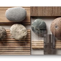 תמונת זכוכית לרוחב עם אבנים טבעיות וטקסטורת עץ בעיצוב מינימליסטי רגוע