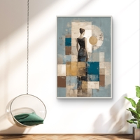 תמונת קנבס של דמות נשית בגב לצופה עם קומפוזיציה גאומטרית בגווני תכלת, קרם וחום בהדפסה חלקה