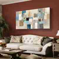 תמונת קנבס לרוחב בעיצוב אבסטרקטי גאומטרי בגווני תכלת, אפור ושמנת לסלון מודרני