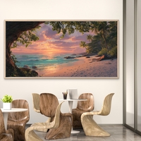 תמונת קנבס לרוחב של חוף טרופי בשקיעה עם עצי קוקוס, גלים וצבעי זהב וטורקיז – NEXTGEN BY BAR