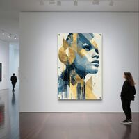 תמונת זכוכית עם דמות נשית בפרופיל, אלמנטים גאומטריים בגווני כחול וזהב ועיצוב מודרני ואלגנטי לקיר