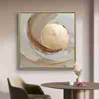 תמונת קנבס מרובעת אבסטרקטית בגווני שמנת עם אלמנט עגול זהוב במרכז, הדפסה חלקה ללא תבליט