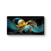 תמונת זכוכית לרוחב עם כדורים מוזהבים ותנועת גלים בגווני תכלת וזהב – תכשיט לבית