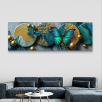 תמונת קנבס פנורמית עם פרפרים בגווני טורקיז וזהב בהדפסה חלקה – תכשיט לבית