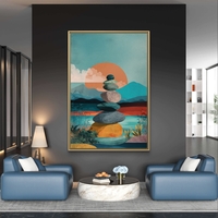 ציור נוף רגוע עם אבנים מאוזנות ושמש שקיעה