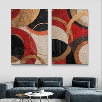 סט תמונות זכוכית זוגי בגווני זהב, אדום, שחור ובז' בעיצוב מעגלי מודרני – תכשיט לבית