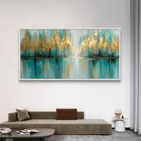 תמונת קנבס לרוחב עם עצים מופשטים בגווני טורקיז ונגיעות זהב המשתקפים במים, בהדפסה חלקה לעיצוב מודרני ויוקרתי.