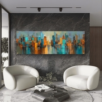 תמונת זכוכית פנורמית אבסטרקטית עם קו־רקיע עירוני בגווני טורקיז, כתום וזהב בעיצוב מודרני ודינמי לקיר הבית