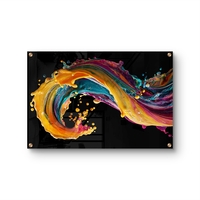 תמונת זכוכית אבסטרקטית עם גל צבעוני דינמי בגווני זהב, טורקיז וורוד בעיצוב מודרני