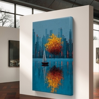 תמונת קנבס לסלון עם עץ כתום ונוף עירוני