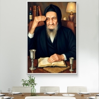 תמונת קנבס אומנותית של הבבא סאלי יושב ליד שולחנו, עם ספר קדוש פתוח, כוס קידוש ונרות ברקע. יצירה המשדרת קדושה, חוכמה וברכה, מתאימה לבית יהודי, בתי כנסת וחללים רוחניים.