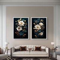 תמונת קנבס זוגית פרחונית בגווני שחור, טורקיז ולבן עם נגיעות זהב יוקרתיות