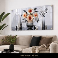 תמונת זכוכית זר פרחים אלגנטי בכדים מודרניים שחור לבן וזהב | דגם KS702