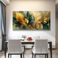 עלים בוטניים מוזהבים בגווני ירוק וזית – תמונת זכוכית יוקרתית לסלון | GN48831