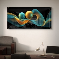 תמונת זכוכית לרוחב בעיצוב אבסטרקטי עם קווים גליים וכדורים בגווני טורקיז וזהב על רקע שחור, בהדפסה חלקה לעיצוב סלון מודרני ויוקרתי.