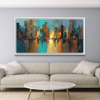 תמונת קנבס אבסטרקטית לרוחב עם קו רקיע עירוני והשתקפות מים בגווני כחול, טורקיז וזהב
