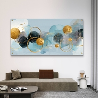 תמונת זכוכית לרוחב עם כתמי כחול ומעגלי זהב במראה אבסטרקטי מודרני, הדפסה חלקה ללא תבליט