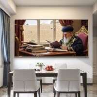 תמונת קנבס המציגה רב גדול בלימוד תורה, יושב לצד שולחן עם ספרי קודש, על רקע נוף יהודי מסורתי הנשקף מחלון גדול.