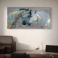 זוג סוסים בכחול וזהב על זכוכית – תמונת זכוכית יוקרתית לסלון | GX4172