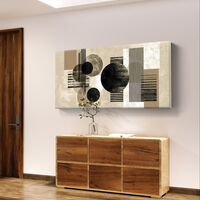 תמונת קנבס לרוחב בעיצוב גאומטרי מודרני בגווני קרם, בז׳ ושחור עם עיגולים וקווים מינימליסטיים לסלון.