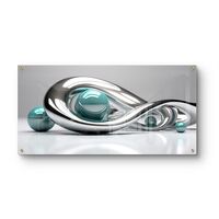 אינסוף כרום – תמונת זכוכית אבסטרקטית עם קימורי כסף וכדורי טורקיז | GP1391