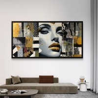 תמונת קנבס לרוחב עם דיוקן נשי אבסטרקטי ונגיעות זהב בגווני שחור, לבן ואפור, בהדפסה חלקה לעיצוב מודרני ויוקרתי.