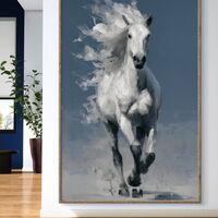 תמונת קנבס של סוס לבן דוהר על רקע כחול עמוק