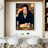 תמונת קנבס אומנותית של הבבא סאלי יושב ליד שולחנו, עם ספר קדוש פתוח, כוס קידוש ונרות ברקע. יצירה המשדרת קדושה, חוכמה וברכה, מתאימה לבית יהודי, בתי כנסת וחללים רוחניים.
