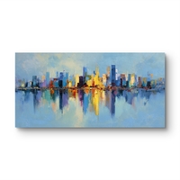 תמונת קנבס לרוחב עם קו רקיע עירוני צבעוני והשתקפות במים בעיצוב מודרני