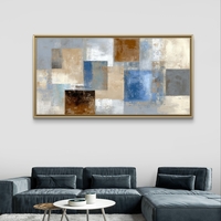 תמונת קנבס לסלון אבסטרקט גיאומטרי בגווני כחול, שמנת, אפור וקרמל, פורמט רוחבי