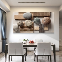 תמונת זכוכית לרוחב עם אבנים טבעיות וטקסטורת עץ בעיצוב מינימליסטי רגוע