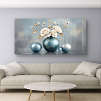 אגרטל טורקיז – תמונת זכוכית אגרטל טורקיז עם ורדים לבנים ועלים מוזהבים | PN1002