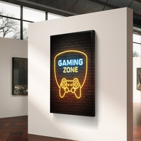 תמונת קנבס עם כיתוב Gaming Zone בעיצוב ניאון ובקר משחק על רקע כהה, מתאימה לחדר גיימינג וחדר נוער