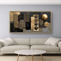 תמונת קנבס אבסטרקטית לרוחב בגווני שחור וזהב עם צורות גאומטריות וטקסטורות יוקרתיות