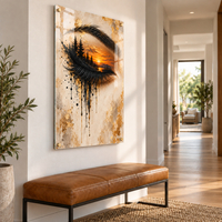 תמונת זכוכית עין עם שקיעה ויער בגווני זהב | דגם BG7334