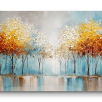 תמונת זכוכית לרוחב עם שדרת עצים בגווני תכלת וזהב המשתקפים במים, בהדפסה חלקה לעיצוב קיר יוקרתי ומרגיע.