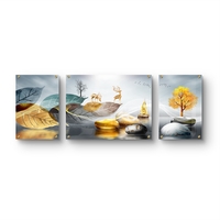 תמונת זכוכית מחולקת עם עלים מוזהבים, איילים, עץ וסירה בעיצוב טבעי מודרני