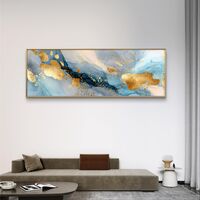 תמונת קנבס פנורמית בגווני כחול עם כתמי זהב בהדפסה חלקה – תכשיט לבית