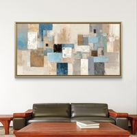 תמונת קנבס לרוחב בעיצוב אבסטרקטי גאומטרי בגווני תכלת, אפור ושמנת לסלון מודרני