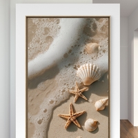 תמונת קנבס של חוף ים עם צדפים וכוכבי ים בגל קצף עדין – קולקציית NEXTGEN BY BAR