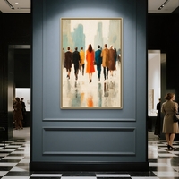 תמונת קנבס אנכית עם דמויות מהלכות בעיר ודמות מרכזית בשמלה כתומה