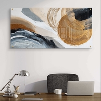 תמונת זכוכית לרוחב בעיצוב אבסטרקטי עם גווני אפור וכחול ונגיעות זהב