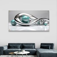 אינסוף כרום – תמונת זכוכית אבסטרקטית עם קימורי כסף וכדורי טורקיז | GP1391