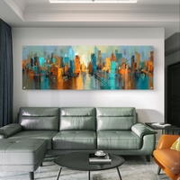 תמונת זכוכית פנורמית אבסטרקטית עם קו־רקיע עירוני בגווני טורקיז, כתום וזהב בעיצוב מודרני ודינמי לקיר הבית