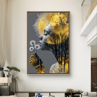 תמונת קנבס אומנותית של אישה עם נגיעות זהב, עצים ופרח, בעיצוב רגשי ומודרני