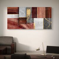 תמונת זכוכית לרוחב בעיצוב אבסטרקטי עם בלוקים גיאומטריים בגווני בורדו, חום, אפור ונגיעות זהב בהדפסה חלקה