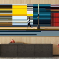 תמונת קנבס מודרנית עם דמות צועדת על רקע קווים צבעוניים מופשטים בגווני צהוב, אדום וטורקיז – NEXTGEN BY BAR